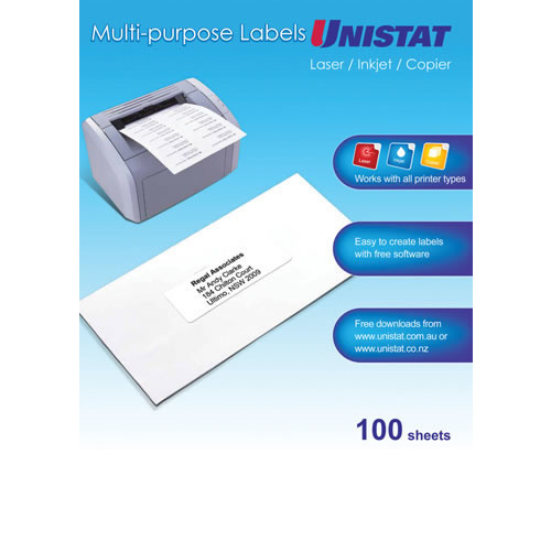 Unistat White Multi Purpose Labels 33 Labels Per Sheet  70x25mm - 100 Pack