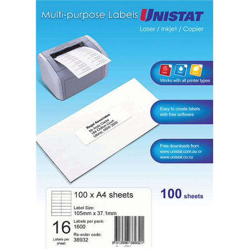 Unistat White Multi Purpose Labels Laser | Inkjet | Copier 16UP 105x37mm 38932 - 100 Pack
