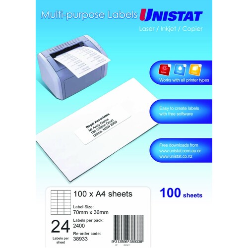 Unistat White Multi Purpose Labels 24 Labels Per Sheet 70x36mm - 100 Pack