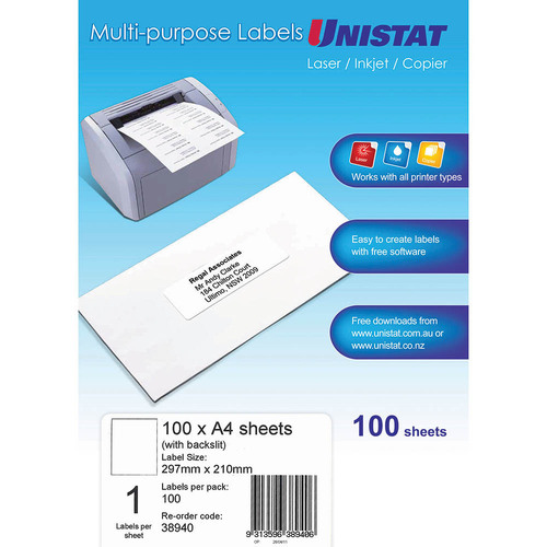 2 X Unistat White Multi Purpose Labels 1 Labels/Sheet 297x210mm - 100 Pack