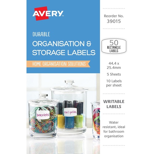 Avery 39015 Labels Writable Organisation & Storage Rectangle 50 Per Pack
