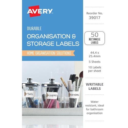 Avery 39017 Labels Writable Organisation & Storage Rectangle 50 Per Pack