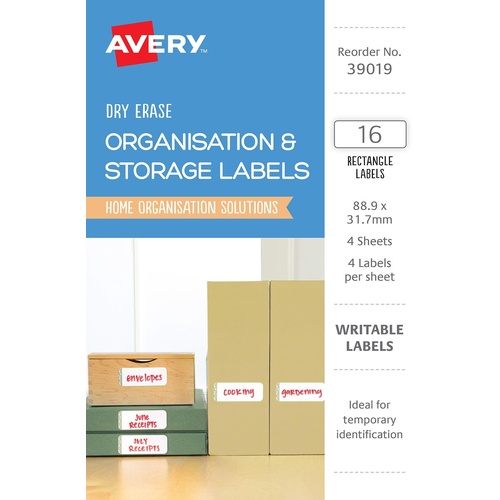 Avery 39019 Labels Writable Organisation & Storage Rectangle 16 Per Pack