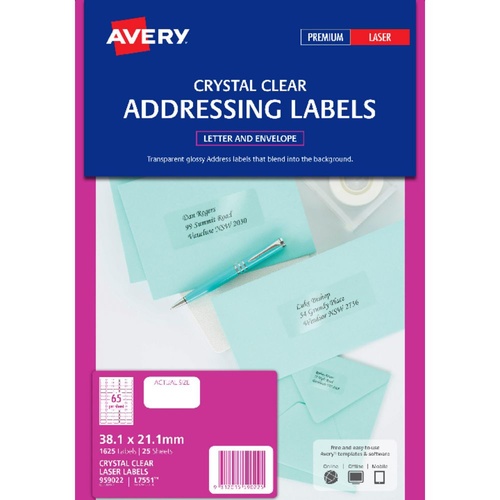 Avery L7551 Laser Address Labels Clear 65 Per Page 25 Pack - 959022