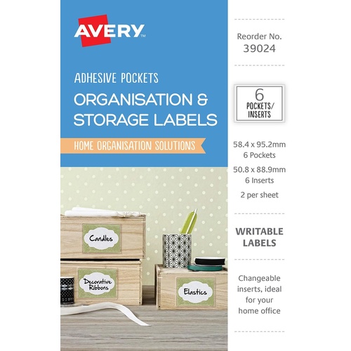 Avery 39024 Labels Writable Organisation & Storage Adhesive Pockets & Inserts 6 Per Pack