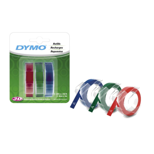 Dymo Embossing Label Tape 9mm x 3m (3 Pack) - Red,Green,Blue