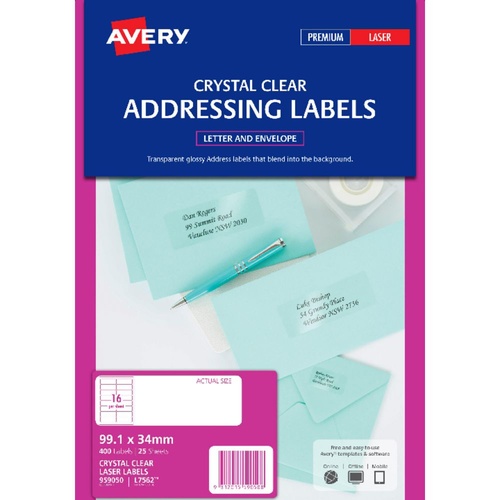 Avery L7562 Laser Labels Clear 16 Per Page 25 Pack - 959050