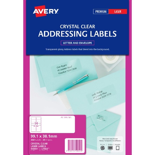 Avery L7563 Laser Labels Clear 14 Per Page 25 Pack - 959051
