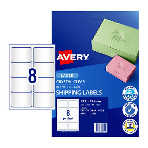 Avery L7565 Laser Labels Clear 8 Per Page 25 Pack - 959052