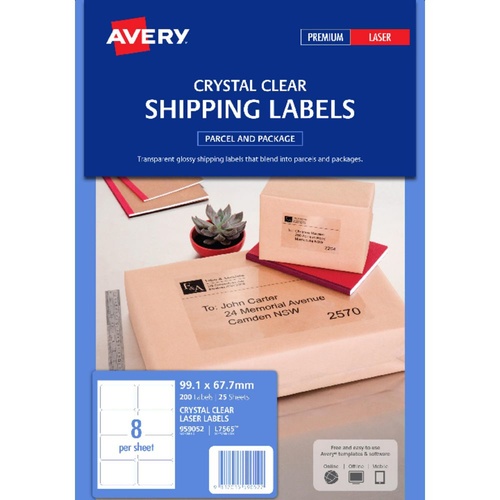 Avery L7565 Laser Labels Clear 8 Per Page 25 Pack - 959052