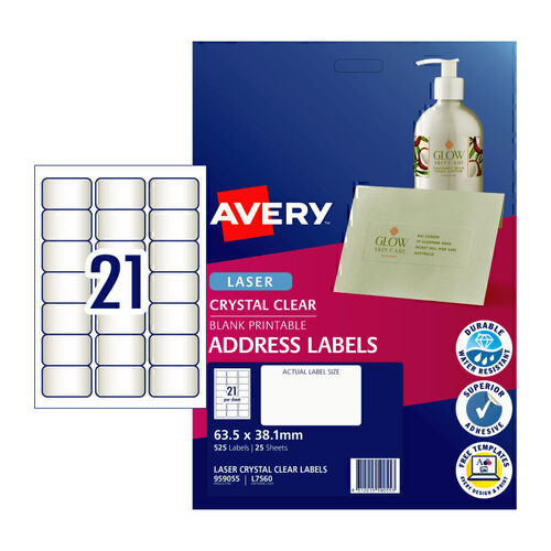 Avery L7560 Laser Address Labels Clear 21 Per Page 25 Pack - 959055