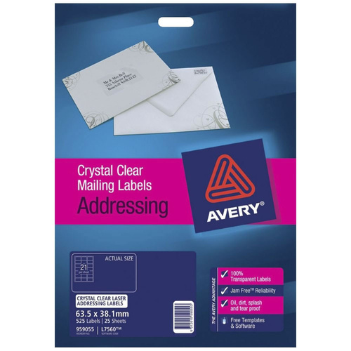 Avery L7560 Laser Address Labels Clear 21 Per Page 25 Pack - 959055