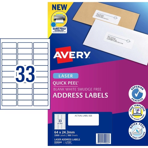 Avery L7157 Laser Address Labels Smooth Feed 33 Per Page 100 Pack - 959060