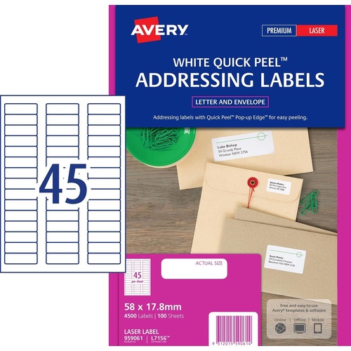 Avery L7156 Laser Address Labels White 45 Per Page 100 Pack - 959061