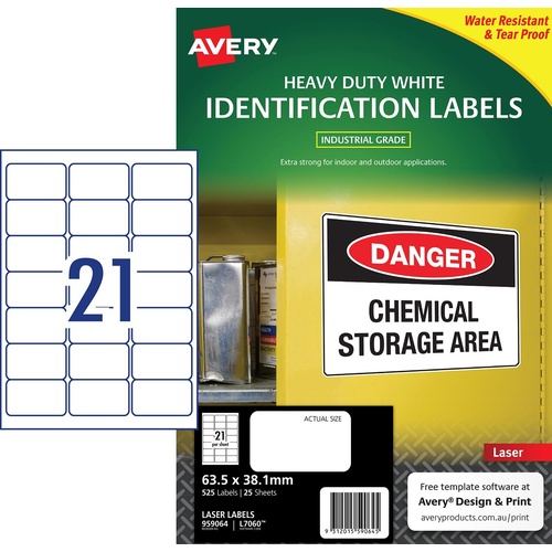Avery L7060 Laser Labels Heavy Duty White 21 Per Page 25 Pack - 959064