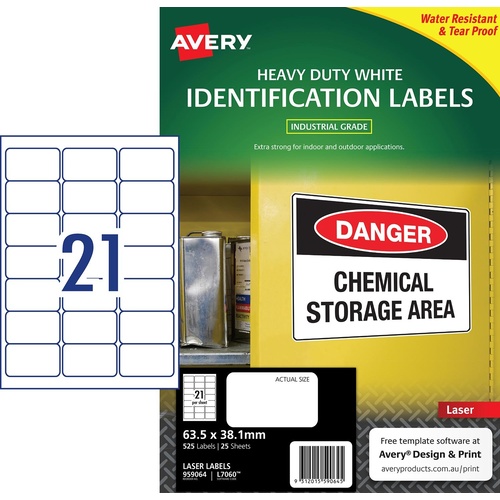 5 x Avery L7060 Laser Labels Heavy Duty White 21 Per Page 25 Pack - 959064