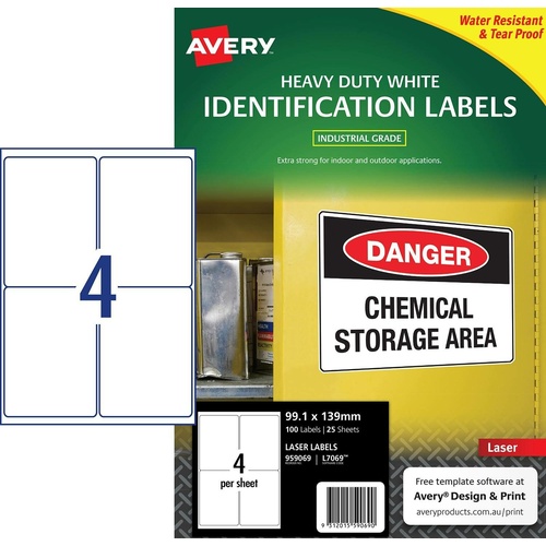 Avery L7069  Heavy Duty Laser Shipping Labels 4 UP 25 Pack - 959069