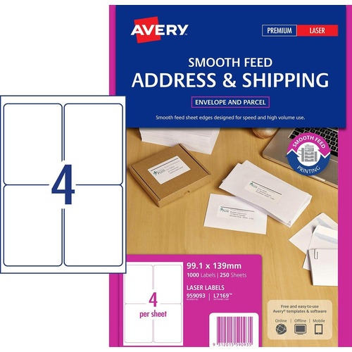 Avery L7169 Label Laser Parcel 4 Per Page 100 Pack - 959093