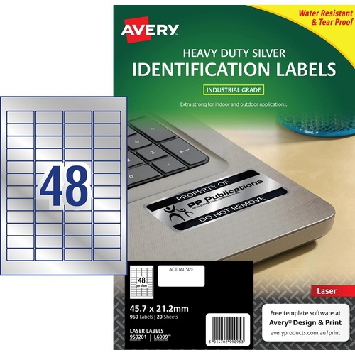 Avery L6009 Laser Labels Heavy Duty Silver 48 Per Page 45.7 x 21.2mm 20 Pack - 959201