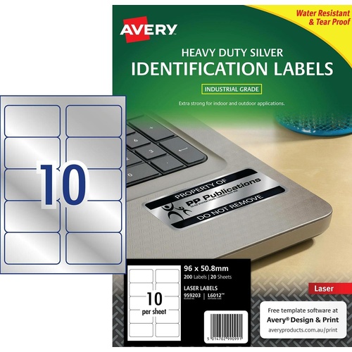 Avery J6012 Laser Heavy Duty Labels Silver 10 Per Page 20 Pack - 959203