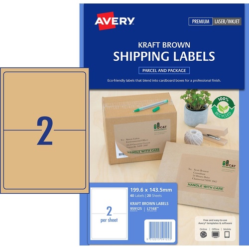Avery L7168 Laser Shipping Labels Brown Kraft 2 Up 20 Pack - 959125