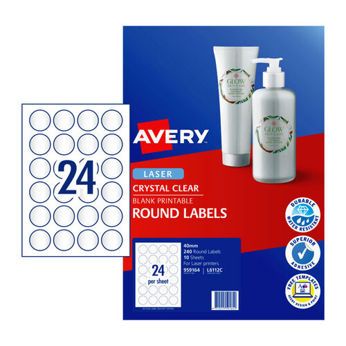 Avery L6112C Label Crystal Clear Round 24 Per Page 10 Pack - 959164