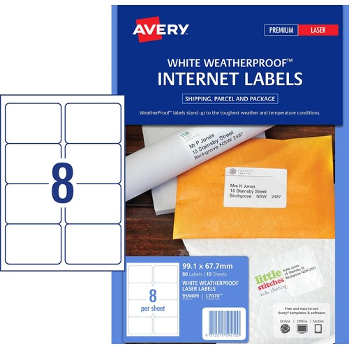 Avery L7070 Label Water Weather Proof 8 Per Page 10 Pack - 959409