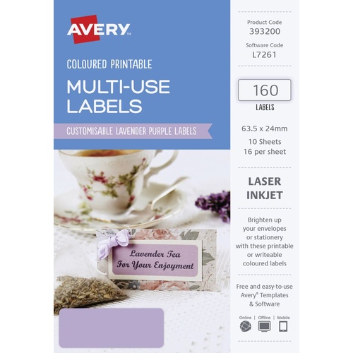 Avery L7261 Laser Multi Use Labels Lavender Purple 16 Per Page 10 Pack - 39320