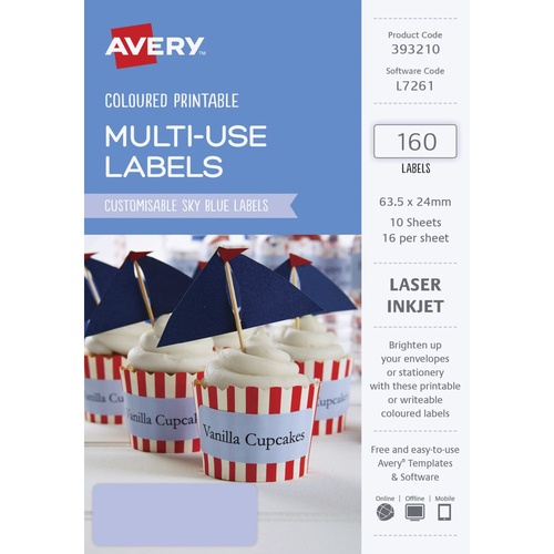 Avery L7261 Laser Multi Use Labels Sky Blue 16 Per Page 10 Pack - 39321