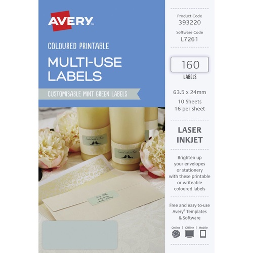 Avery L7261 Laser Multi Use Labels Mint Green 16 Per Page 10 Pack - 39322