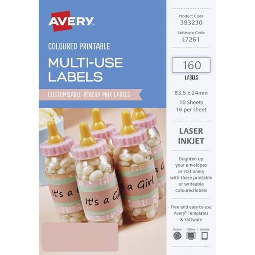 Avery L7261 Laser Multi Use Labels Peach 16 Per Page 10 Pack - 39323