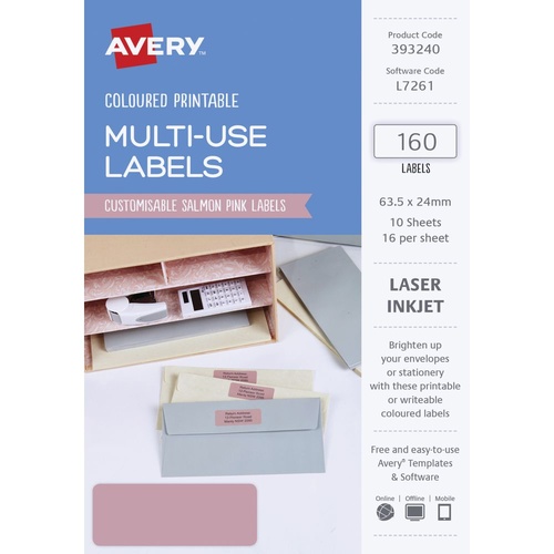 Avery L7261 Laser Multi Use Labels  Salmon Pink 16 Per Page 10 Pack - 39324