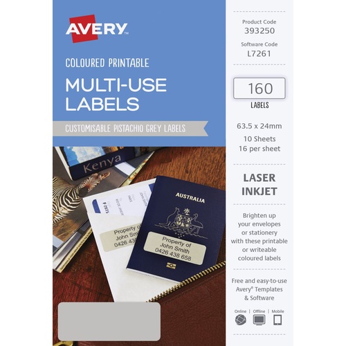 Avery L7261 Laser Multi Use Labels Pistachio Grey 16 Per Page 10 Pack - 39325