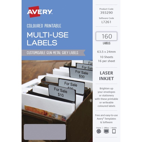 Avery L7261 Laser Multi Use Labels Gunmetal Grey 16 Per Page 10 Pack - 39329