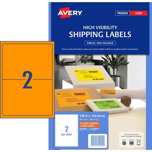 Avery L7168FO Laser Shipping Label  Fluoro Orange 2 Per Page 10 Pack - 959404