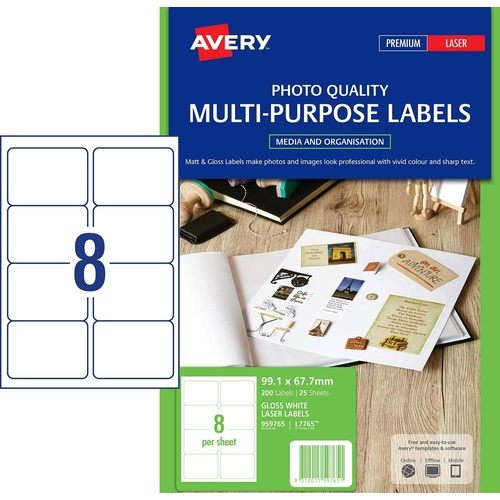 Avery L7765 Laser Label Gloss 8 Per Sheet 25 Pack - 959765