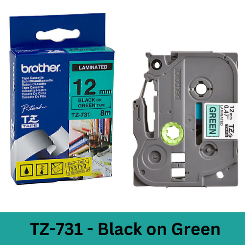 Brother TZe-731 Laminated Tape 12mm x 8m - Black on Green