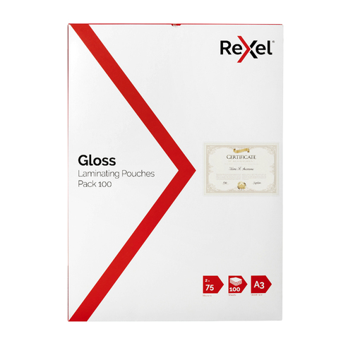 Rexel A3 Laminating Pouches Clear 75 Micron 41616 - 100 Pack