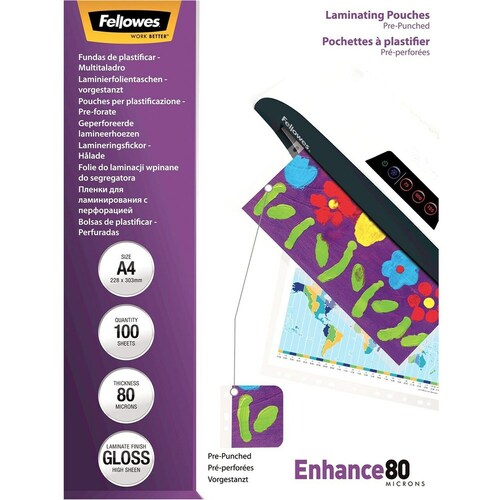 Fellowes A4 Laminating Pouches 80 Micron Gloss - 100 Pack