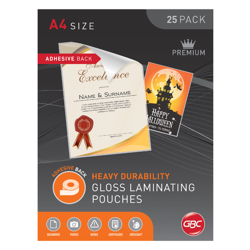 GBC A4 Laminating Pouches Gloss 125 Micron Heavy Durability Adhesive 50 Pack - BLADHA4