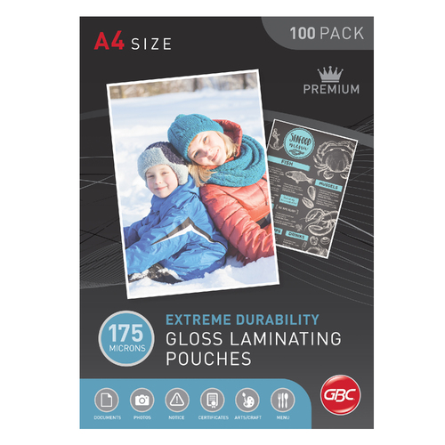 GBC A4 Laminating Pouches Gloss 175 Micron Extreme Durability 100 Pack - BL175MA4