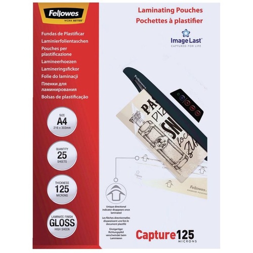 Fellowes A4 Laminating Pouch 125 Micron Gloss - 25 Pack