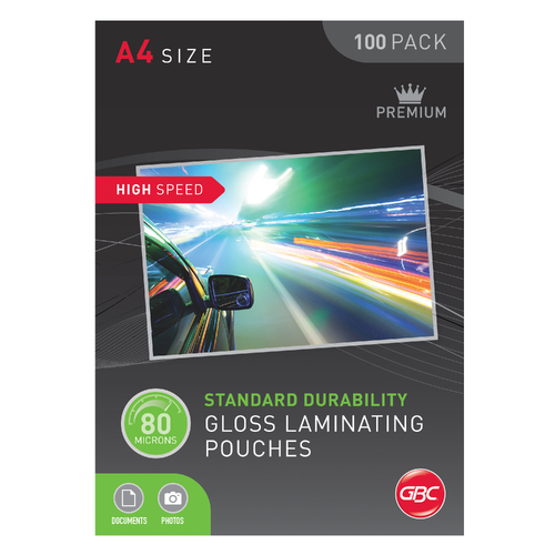 GBC A4 Laminating Pouches Gloss 80 Micron Standard Durability High Speed 100 Pack - BL80MHSA4