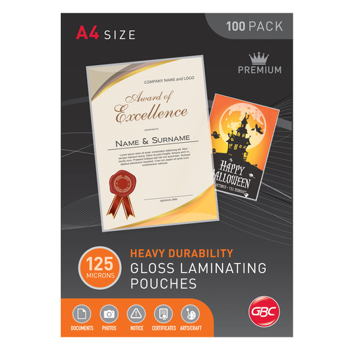 GBC A4 Laminating Pouches Gloss 125mic Heavy Durability - 100 Pack