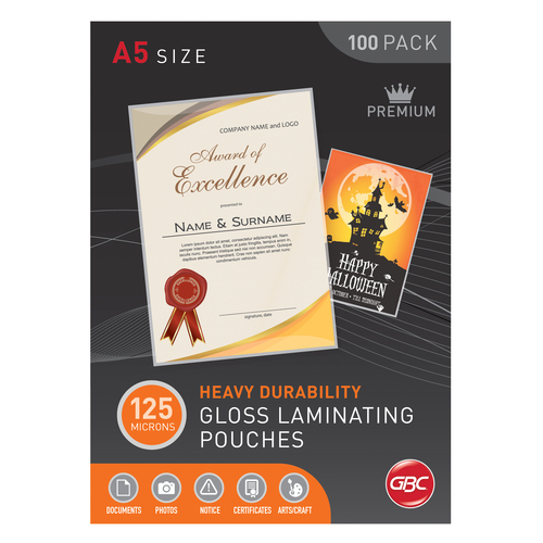 GBC A5 Laminating Pouches Gloss 125mic Heavy Durability - 100 Pack