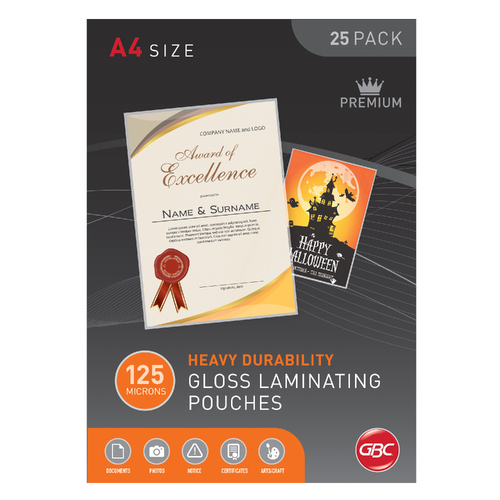 GBC A4 Laminating Pouches Gloss Signature 125 Micron 25 Pack - BL125M25A4