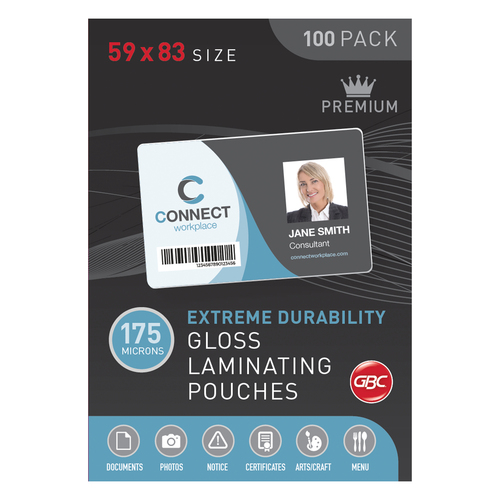 GBC Laminating Pouches Gloss 59x83mm 175mic Extreme Durability - 100 Pack