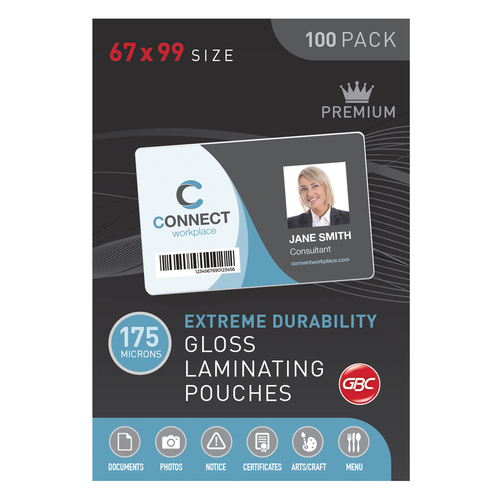 GBC Laminating Pouches Gloss 67x99mm 175mic Extreme Durability - 100 Pack