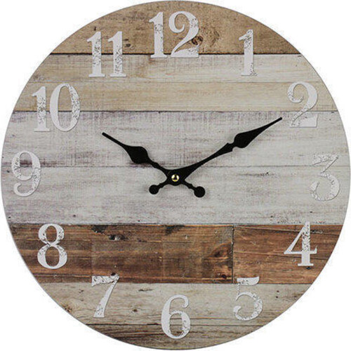 Round Clock 35cm Wooden Weatherboard Look Rustic Wall Clock + FREE Battery