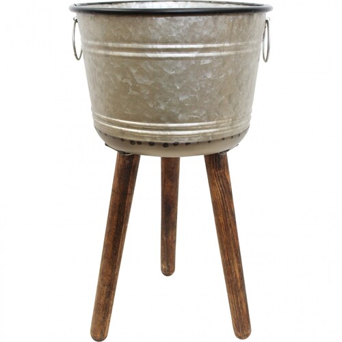 Planter/Ice Bucket Rustic Tin With Wooden Legs